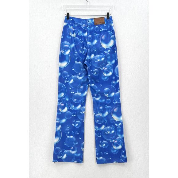 HOUSE OF SUNNY Fantasia Flare Pants Womens 6 Blue Bubble Print High Rise Stretch - Picture 4 of 16